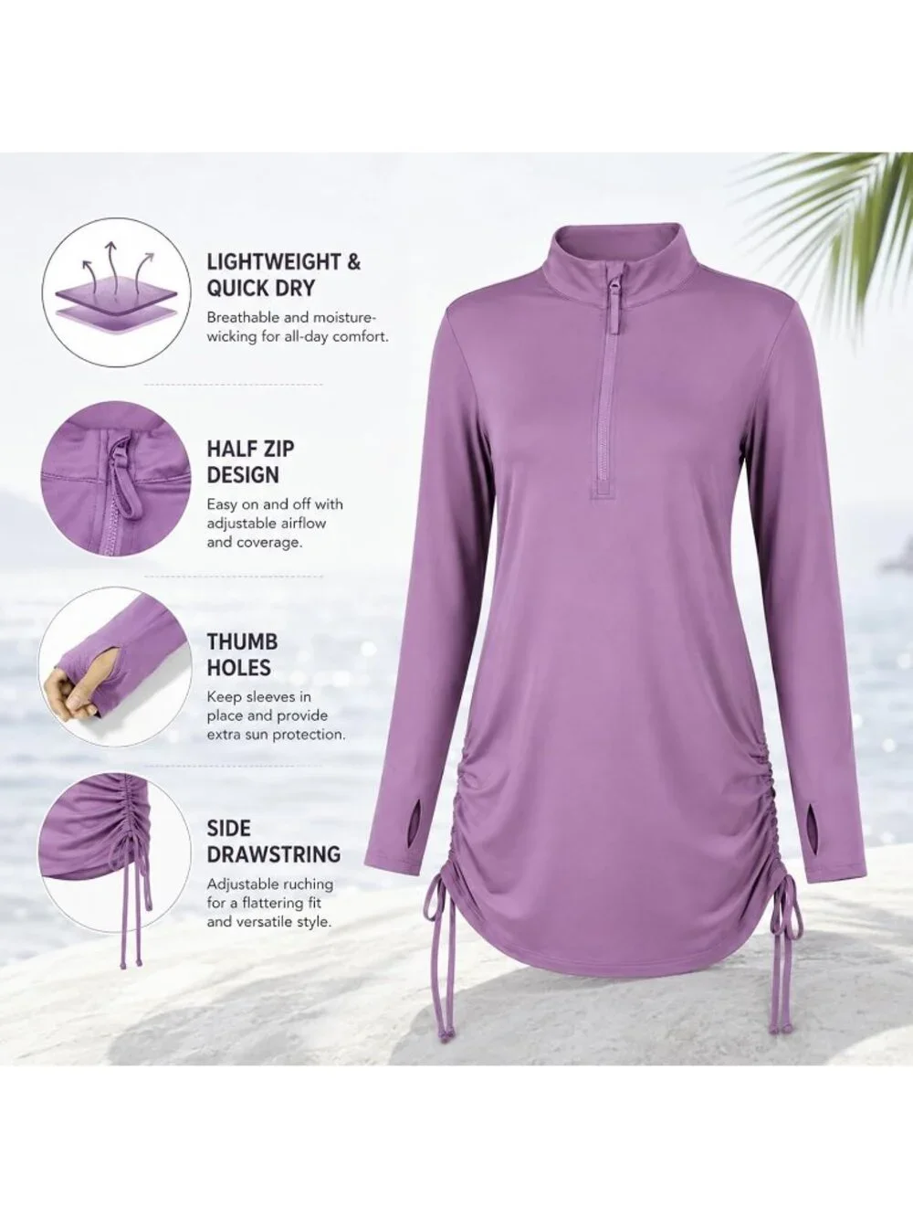 Womens Lavender Polyester Coverup UPF 50+ Sun Protection Fishing Coverup Dress